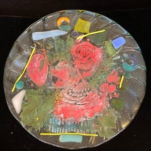 Pink Flowers Fused Art Glass W/Glass Paint Handmade 8” Round